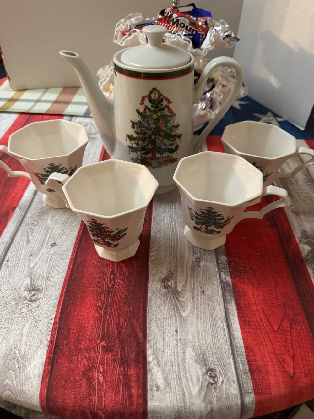 Festive White Porcelain Tea Set with Christmas Tree Design